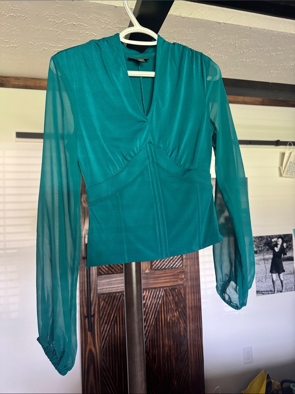 BOLD elements Teal V-Neck Sheer Sleeve Blouse